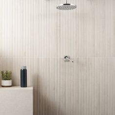 a bathroom with a shower head next to a shelf and potted plant in the corner