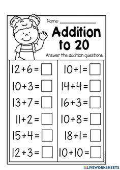 the addition to 20 worksheet is shown in black and white with numbers on it