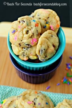 chocolate chip cookies with sprinkles in a blue bowl