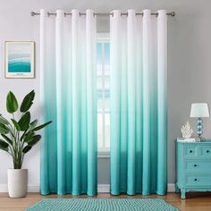 PRICES MAY VARY. 🏡Ready Made:2 turquoise ombre curtain panels per package,each curtain panel measures 52 inches width x 84 inches long(total width 104 inches),turquoise curtains are constructed with 8 rust-proof metal silver grommets,each grommets' inner diameter is 1.6",easy to install and slide. 🏡QUALITY MATERIAL: The teal curtains are made of premium polyester fabric with faux texture, adopting exquisite process.The teal semi blackout curtain is thicker than ordinary semi sheer curtains, bl Aquamarine Living Room Ideas, Turquoise Home Office Ideas, Modern Beach Room Decor, Teal Bedroom Curtains, Teal Drapes, Turquoise Room Ideas, Teal Blue Living Room, Teal Curtain, Turquoise Bedroom