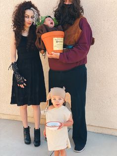 Halloween family costumes Harry Potter family of 4 two under 2 Hagrid bellatrix Lestrange Dobby the elf mandrake Mandrake Halloween Costume, Family Halloween Costume Harry Potter, Sibling Harry Potter Costumes, Harry Potter Costumes Family, Costume Family Of 4