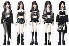 four different types of dolls with black hair and white skin, all dressed in gothic clothing