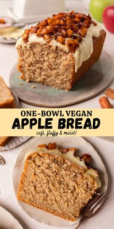 one bowl vegan apple bread with white frosting and nuts