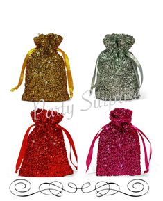 three different colored bags with bows on them