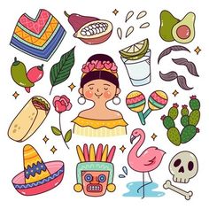 a woman surrounded by mexican symbols and other things in the shape of a circle on a white background