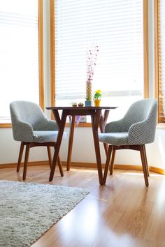 two chairs sitting at a table in front of a window