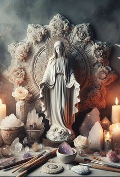 an image of the virgin mary surrounded by candles and other items in front of it