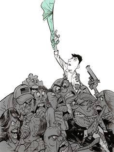 a drawing of a man holding up a green flag with zombies surrounding him and another person standing on the ground