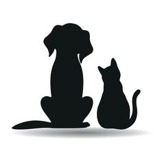 a cat and dog sitting next to each other on a white background, silhouetted