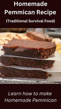 three brownies stacked on top of each other with text overlay that reads homemade pecan recipe traditional survival food learn how to make homemade pe