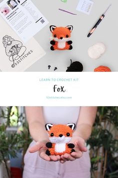 a person holding a stuffed animal in their hands with the text learn to crochet kit fox