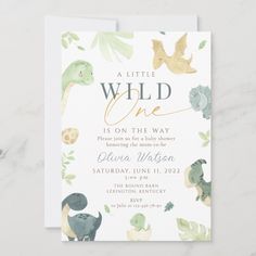 a little wild one is on the way baby shower card with dinosaurs and leaves