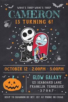 Nightmare Before Christmas Chalkboard Birthday Invitation
Invite all your family and friends to your Nightmare Before Christmas Birthday Party with these cute Jack and Sally invitations. Personalize by adding all your party details. Christmas Birthday Invitations, Jack Y Sally, Chalkboard Birthday, Christmas Chalkboard, Birthday Kids, Birthday Chalkboard