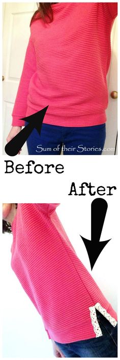 before and after photos of a woman's pink sweater with an arrow pointing to the left