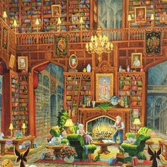 a painting of a living room filled with furniture and bookshelves full of books