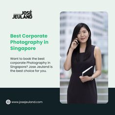 a woman talking on her cell phone while standing in front of a building with the caption best corporate photography in singapore