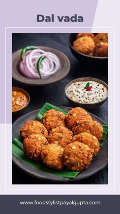 an advertisement for dal vada is displayed on a plate with onions and sauces