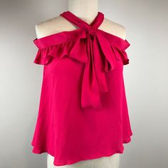 Boutique Moschino Fuchsia Blouse Crepe Sleeveless Ruffles Ties Around Neck, Can Be Worn Several Ways True Color Is Fuchsia, Hot Pink Shown In Last Photos Size 36 Xs Nwt Pink Party Blouse With Bow, Summer Pink Blouse With Bow, Pink Summer Blouse With Bow, Pink Summer Blouse With Bow Detail, Pink Bow Blouse For Summer, Red Sleeveless Feminine Blouse, Chic Pink Tie Back Top, Chic Pink Top With Tie Back, Pink Tie Neck Top For Party