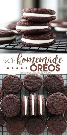 chocolate cookies with white frosting stacked on top of each other and the words, soft homemade oreos