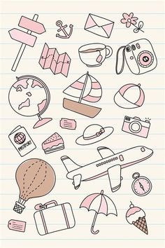 a notebook page with various items drawn on it and lined up in different colors, including pink