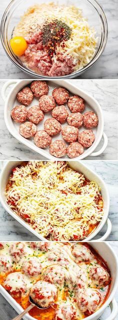 three different pictures of food in pans and one with meatballs on top, the other with cheese