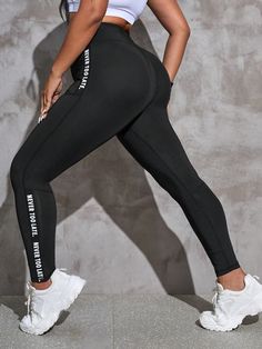 Negro  Collar  Tela Frase Pantalón pitillo Embellished Elástico Alto  Ropa de Deporte para Mujer Plus Sports Leggings Black, Basic Leggings, Legging Sport, Sports Leggings, Black Fabric, Length Sleeve, Active Wear, Snoopy, Sleeve Length