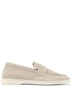 sand beige calf leather almond toe slip-on style contrast stitching strap detailing rubber sole branded leather insole Classic Beige Suede Slip-ons, Beige Leather Slip-ons With Rubber Sole, Beige Slip-on Leather Shoes With Rubber Sole, Beige Leather Slip-on Shoes With Rubber Sole, Business Casual Slip-ons With Almond Toe And Stitched Sole, Business Casual Slip-ons With Almond Toe, Beige Leather Slip-ons With Leather Footbed, Beige Slip-on Business Moccasins, Beige Plain Toe Loafers With Leather Sole