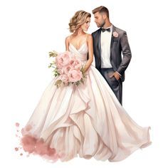 a watercolor painting of a bride and groom