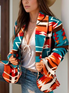 Colorado Aztec Fleece Long Sleeve Jacket ⚡Use code PIN15 at checkout for 15% off! ⚡ www.baharanchwesternwear.com #fallfashion #fall #fallweather #fallwesternoutfit #falloutfit #western #cowgirl #jacket #aztec #aztecprint Cowgirl Jacket, Western Style Clothing, Feels Like Fall, Normal Body, Boho Jacket, Open Front Jacket