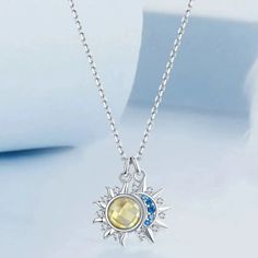 Sun Moon Necklace Blue CZ Yellow Crystal Necklace-MoonChildWorld Sun Moon Necklace, Sun And Moon Necklace, Velvet Cloth, Jewelry Safe, Moon Jewelry, Necklace Crystal, Cloth Bag, Necklace Blue, Moon Necklace