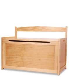 a wooden toy chest with an open lid