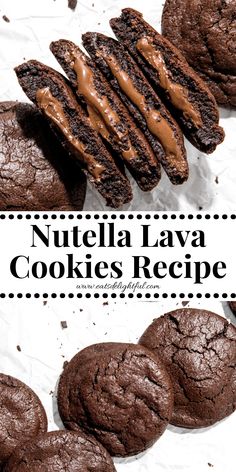 2 stacked photos of Nutella lava cookies: top image of cookies sliced in half on parchment paper and bottom image of whole cookies on parchment paper Cookie Lava Cake, Double Chocolate Nutella Cookies, Nutella Peanutbutter Cookies, Desserts With No Chocolate, Simple Nutella Desserts, Nutella Stuffed Chocolate Cookies, Single Serve Nutella Desserts, Easy Dessert Recipes Nutella, Nutella Balls Recipe