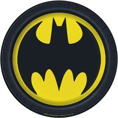 the batman symbol is shown on a black and yellow paper plate with white lettering that reads,