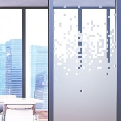 a room with a table and chairs in front of large windows that have cityscape on them