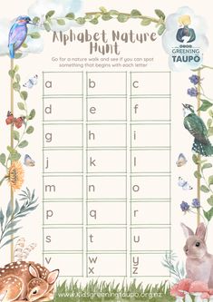 an animal themed alphabet game with animals and plants on the sides, including letters that spell out