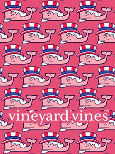 a pink background with red, white and blue hats on top of it that says vineyard vines