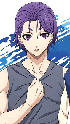 an anime character with purple hair standing in front of the ocean and holding his hand to his chest