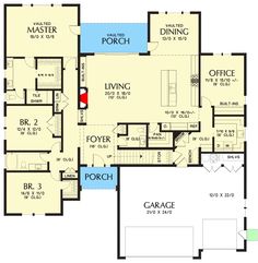 the first floor plan for a house with two master suites and an attached garage area