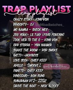 the poster for trap playlist featuring various names and numbers in pink, black, and white