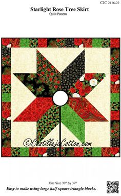 the starlight rose tree skirt pattern is shown in green, red and white colors