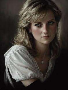 a painting of a woman with blonde hair wearing a white shirt and diamond necklace, looking at the camera