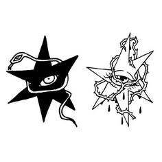 two black and white drawings of stars, one with an evil face on the side