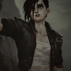 an animated image of a man with black hair and piercings pointing at something in the distance