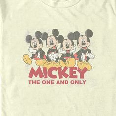 Who knew that dressing "mousey" could be so cute!? Celebrate Walt Disney's most iconic character with this officially licensed Mickey & Friends Distressed the One and Only Men's Graphic T-Shirt. This tee features Mickey Mouse in five different poses across the front with the text: "Mickey the one and only," below him. Grab one of these adorable new Mickey Mouse styles today for the perfect look for your next trip to Disneyland! Cute Mickey Mouse T-shirt For Fans, Cute Mickey Mouse T-shirt Fan Merchandise, Cute Mickey Mouse T-shirt For Fan Merchandise, Pop Culture Mickey Mouse Tops For Disney Fan Events, Retro Cartoon Print Tops For Disney Fan Events, Vintage T-shirt With Letter Print For Disney Fans, Retro T-shirt With Cartoon Print For Disney Fans, Retro T-shirt With Disney Character Print For Fan Events, Retro Mickey Mouse Tops For Disney Fan Events