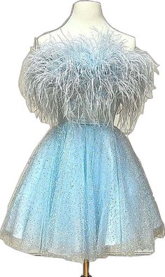 Blue Feathered Evening Dress, Blue Feather Evening Dress, Strapless Feather Trim Dress For Prom, Strapless Feather Trim Dress For Prom Season, Feathered Dresses For Costume Party, Elegant Dresses With Feather Trim For Costume Party, Formal Feather Dresses For Prom Season, Formal Feathered Dresses For Prom Season, Strapless Homecoming Dress