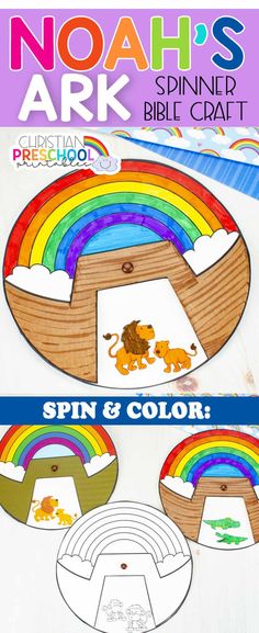 noah's ark spinner bible craft for kids with rainbows and lions on it