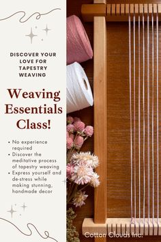 weaving essentials class flyer with flowers and yarn