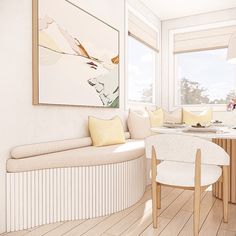 a drawing of a dining room table and bench in front of a large painting on the wall