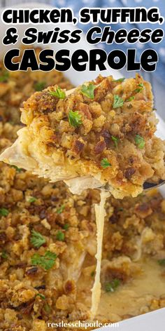 chicken, stuffing and swiss cheese casserole is being held up with a spatula