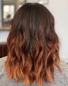 Dark Root Auburn Balayage, Copper To Dark Brown Hair, Brown Hair Ginger Balayage, Straight Copper Balayage, Partial Copper Balayage, Cowboy Copper Hair Brunette Ombre, Copper Ends On Brown Hair, Mid Length Hair Copper, Partial Balayage Copper